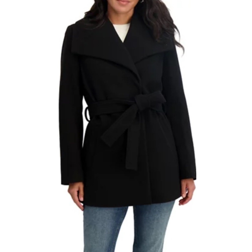 Tahari Womens Evelyn Belted Wool Blend Wrap Coat Shawl Collar Classic Black Sz S